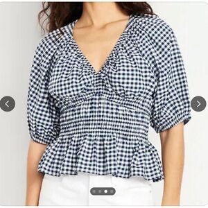 Old Navy Smocked Gingham Top Woman 2X Blue V Neck Peplum Hem Preppy 2024 NEW